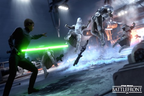 Luke Skywalker uses his force push to take out a group of snowtroopers.