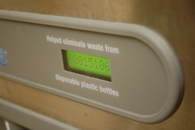 A number display on the eco-efficient water bottle filler in the B1 hallways keeps track of the amount of water bottle replaced. 