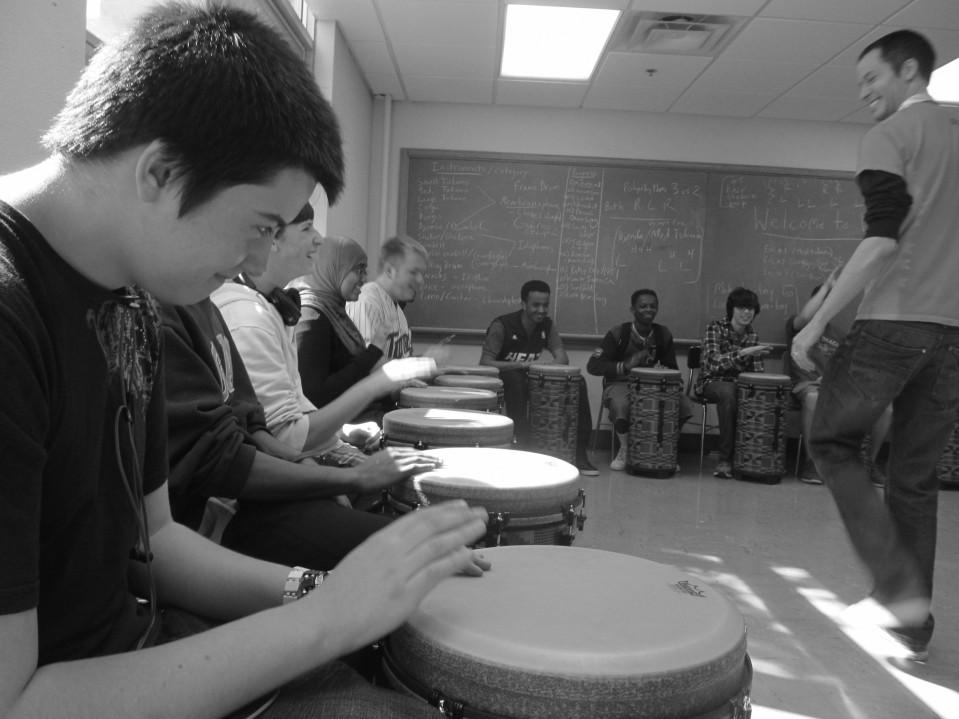 Preparing for Celebration: Students in band teacher Steve Schmitz’s world drumming class practice their music for the show, “A Mosaic of Rich Cultures.” They will perform May 23 during third and sixth hours.