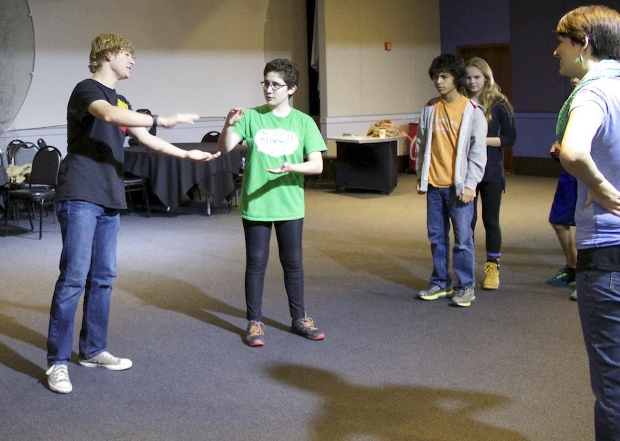 Sophomore Elise Bargman warms up her improvisational skills by acting out a scene with a partner as part of a group comedy activity on Oct. 12 at the Brave New Workshop.