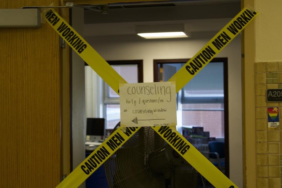 The doors to the counseling office are taped off Nov. 20 due to a broken pipe.