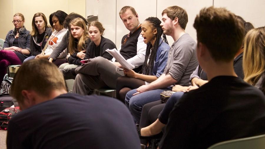  Senior Amira Warren-Yearby leads the group discussion about the censorship of the N-word in “Ragtime” Feb. 26.