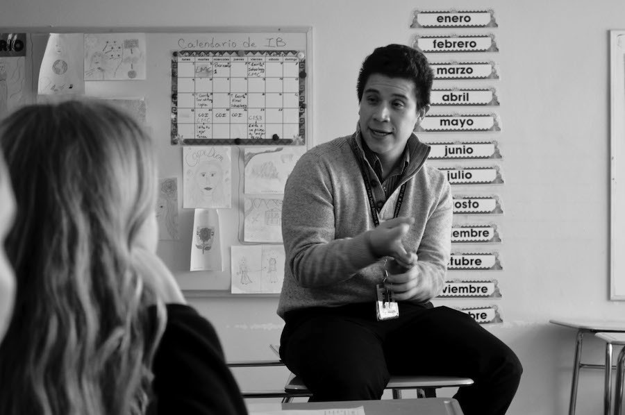 Student teacher Andrés Hernández teaches students about  his language, culture and his background in teaching during the AP Spanish Literature and Culture class. 