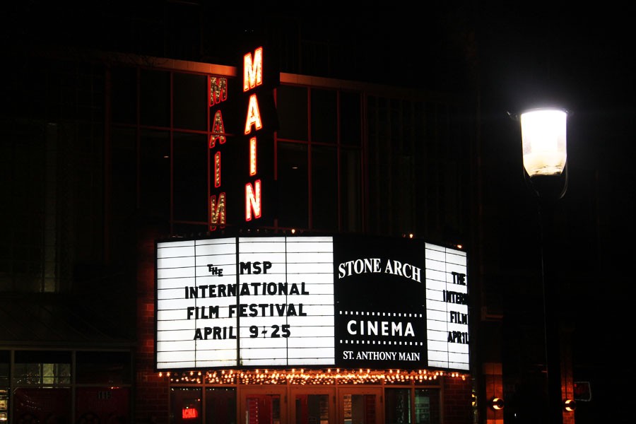 Foreign film exhibition:
St. Anthony Main Theater lights the Riverside Street on the opening night of the International Film Festival. The two week long event features films produced in various countries and languages as well as other activities.