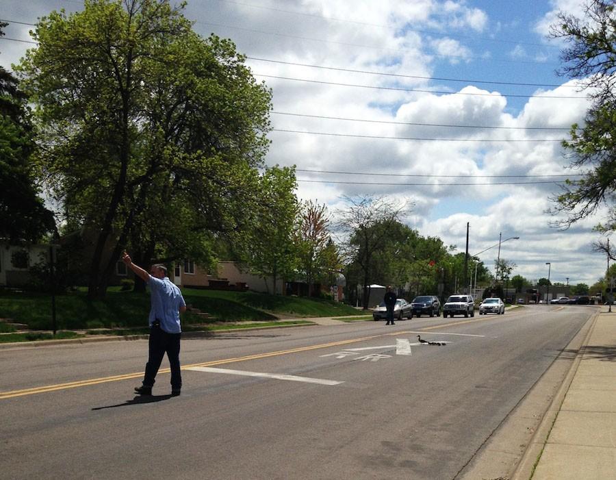 Grade level coordinator Greg Whittle directs traffic with help of three other staff members. The staff helped ducks cross Dakota Ave to safety May 12.