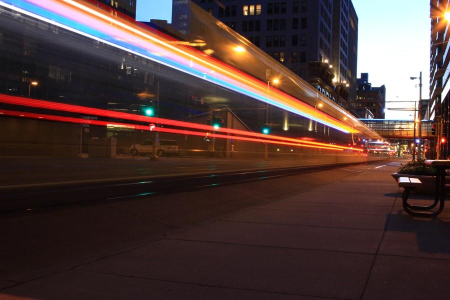 The Minneapolis streets clear as the Metro Green Line Light Rail commutes through town.