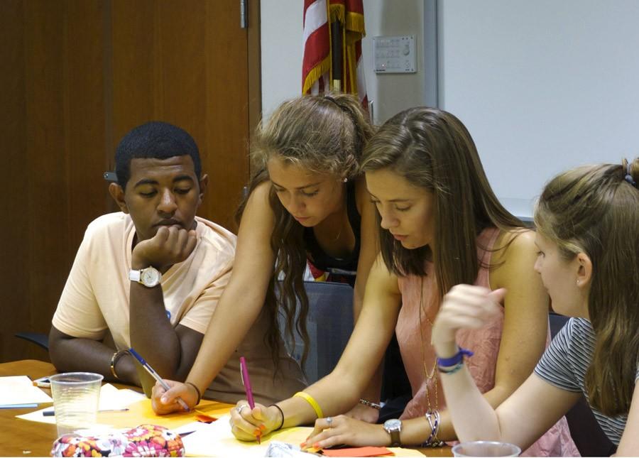 Seniors Jonathan Ayele, Brigid Duffy, Jessica Schmidt and junior Megan Aune discuss this years plans for activities at a student council meeting Sept. 1.