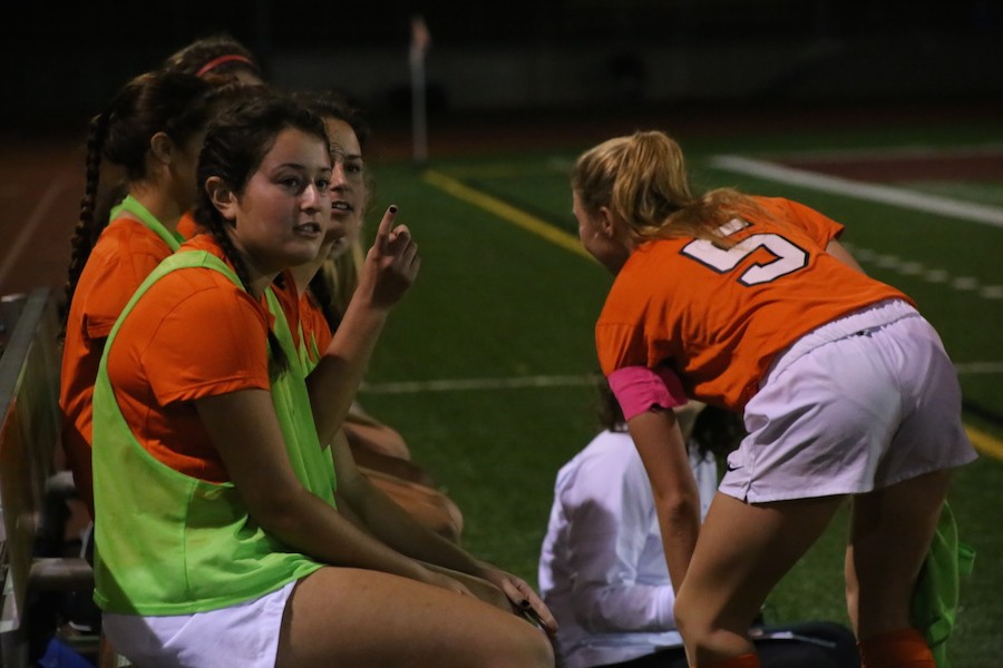 Seniors Hannah Goldenberg and Jada Csikos-Monroe comment on the play during their soccer game against Richfield.