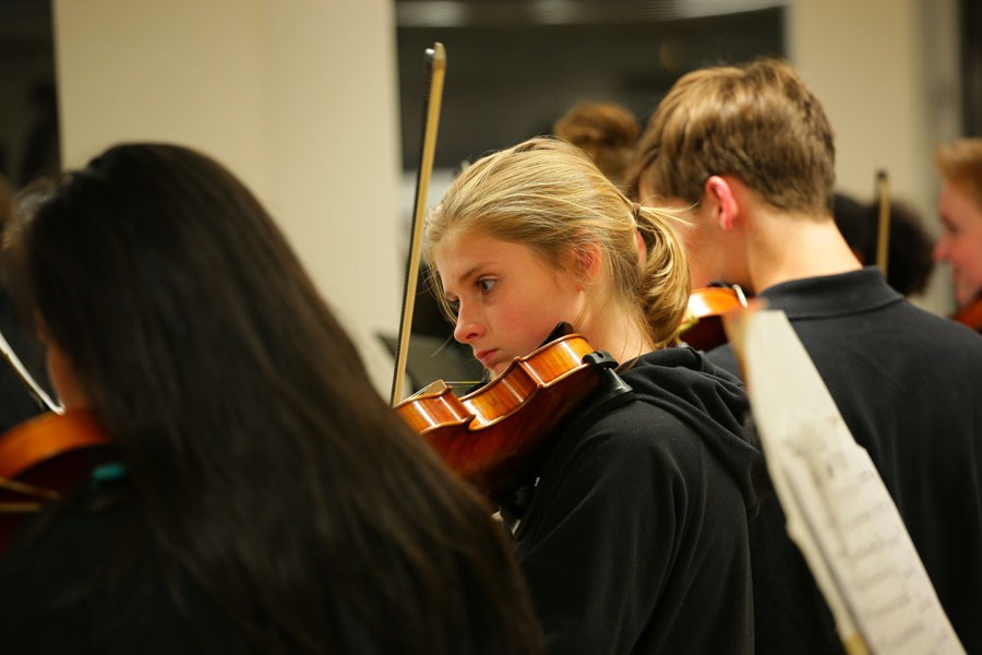 Freshman April Callahan plays the violin during Orchestras Halloween themed concert Oct. 29, 2015