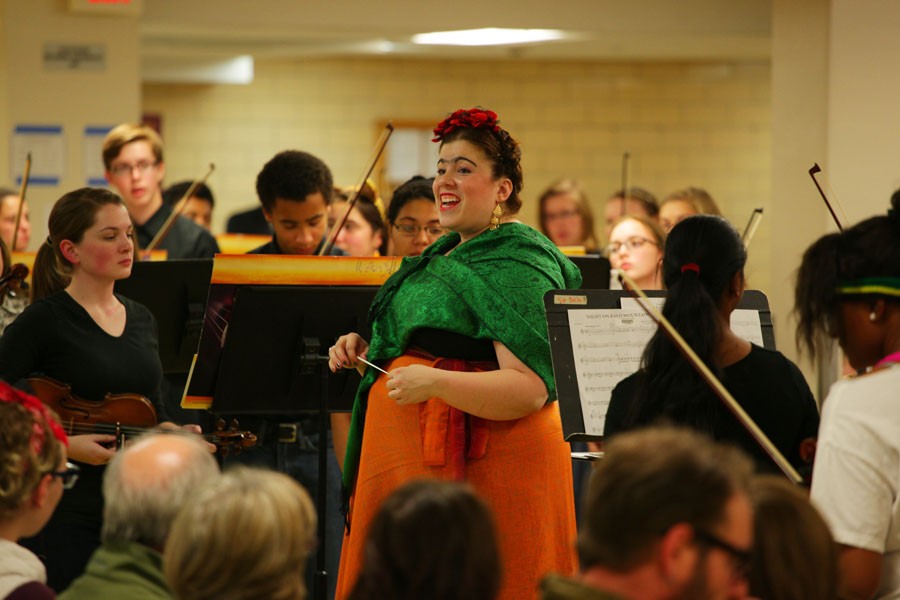 Orchestra teacher Miriam Edgar dresses up as Frida Kahlo for the Orchestras Halloween themed concert Oct. 29th, 2015