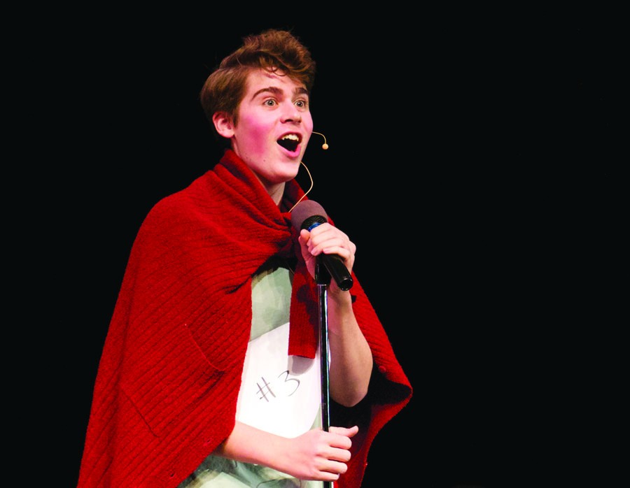 Senior Connor Williams, who plays Leaf Coneybear, spells out a word during practice
Oct. 28.
The musical opens 7 p.m. Nov. 13.