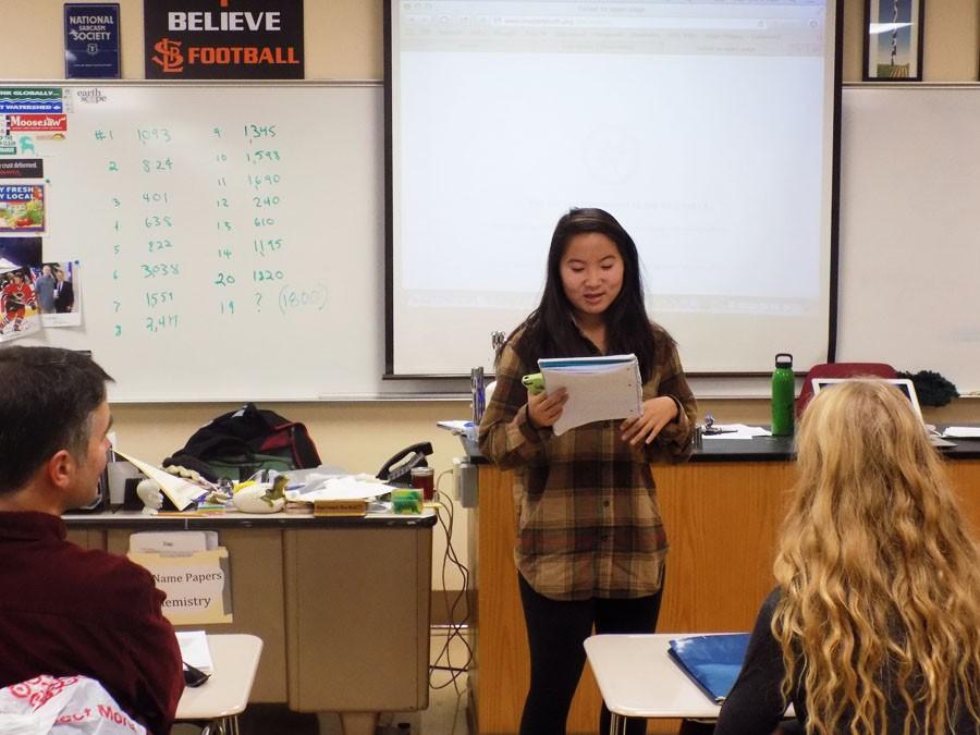 Junior Mei Li Liss presents to Roots and Shoots during the clubs meeting Dec. 1.
