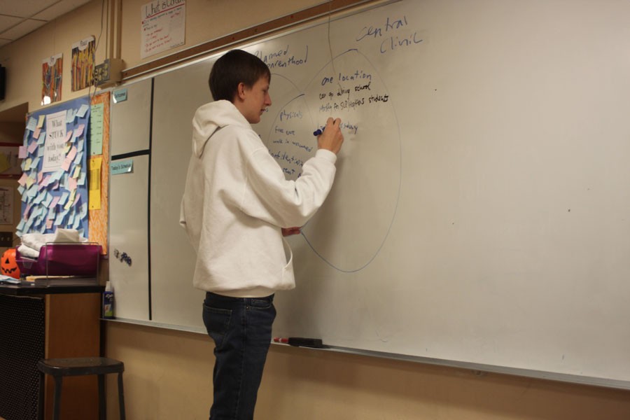 Sophomore Phillip Djerf makes a visual comparison about resources at Central Clinic and Planned Parenthood locations in a club meeting Jan. 19.