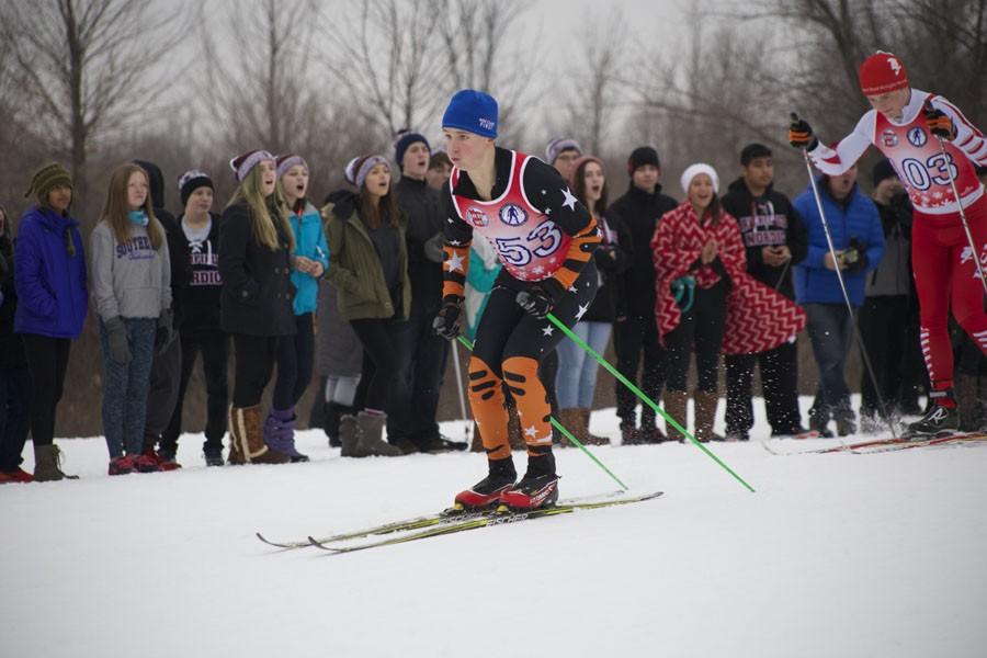 Junior Jackson Sokolowsi classic skis during a conference meet Jan. 7.