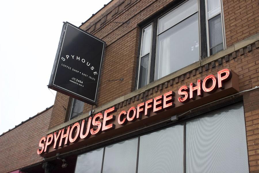 An outside view of Spyhouse, located in Uptown. It is a coffee shop with a retro yet modern twist.