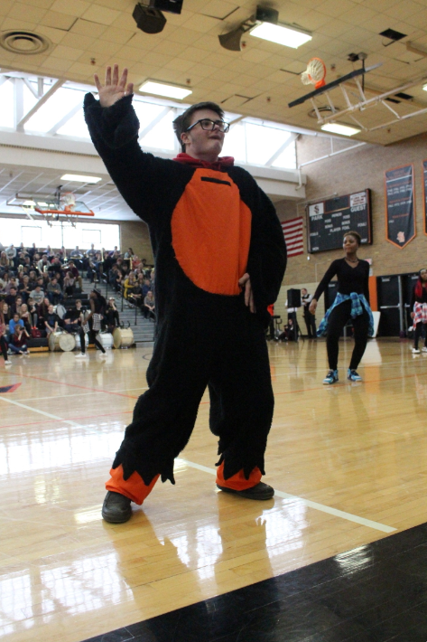 Senior Danny Ellis dances during the pepfest on Feb. 11. He is the park mascot. 
