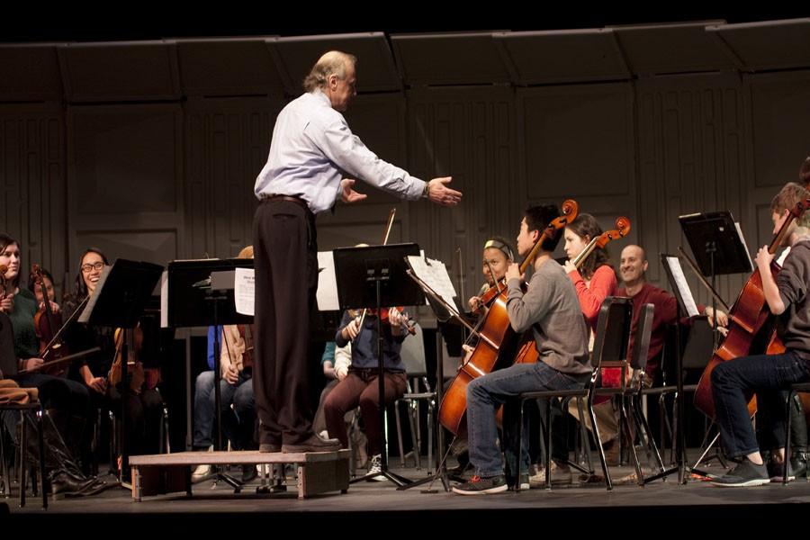 Clinician Douglas Diamond directs a school orchestra at the St. Louis Park High School auditorium for the West Metro orchestra conference Feb. 9. 