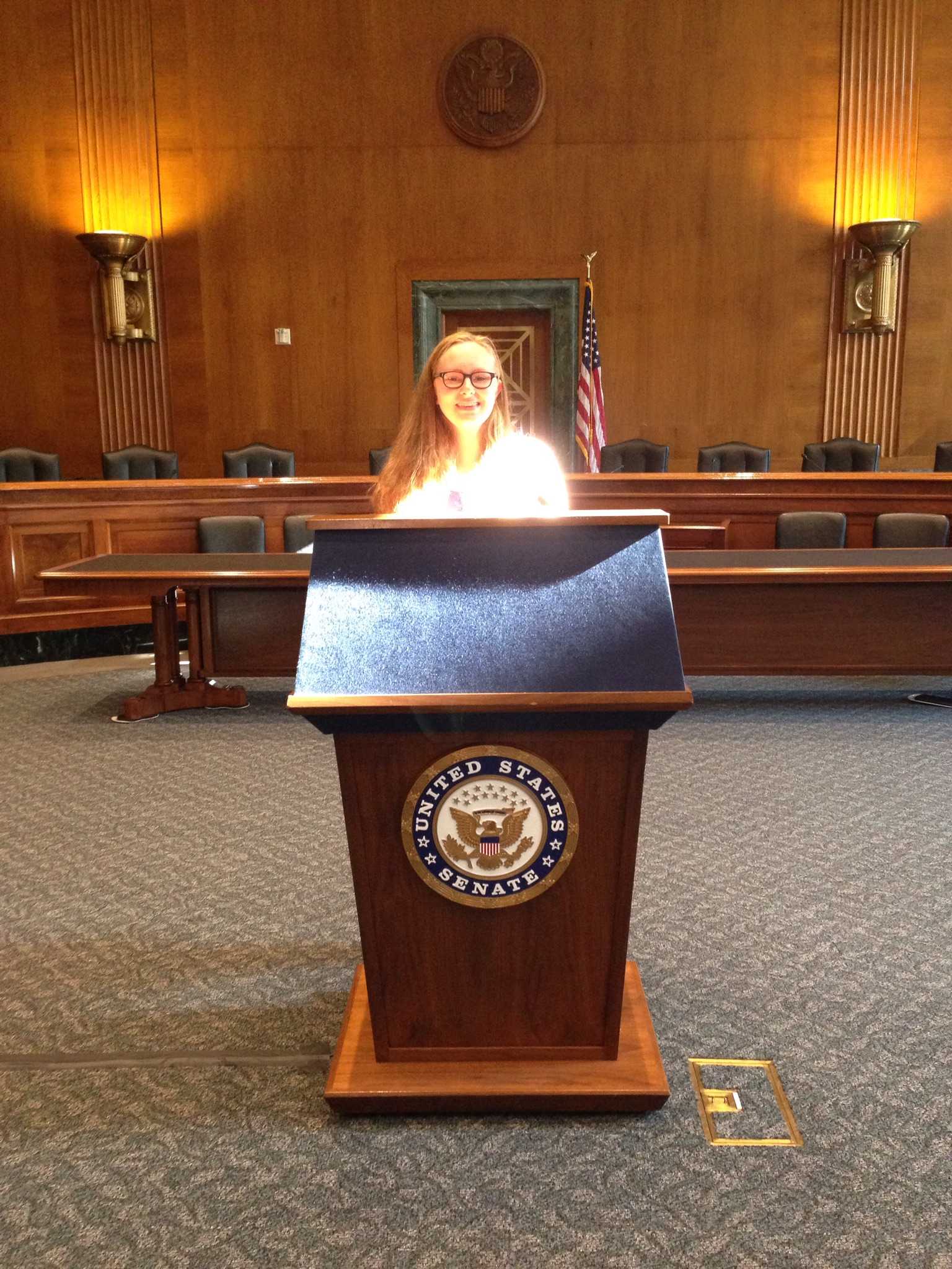 Cailey Hansen-Mahoney visits the Senate Judiciary Committee room at the United States Capitol.