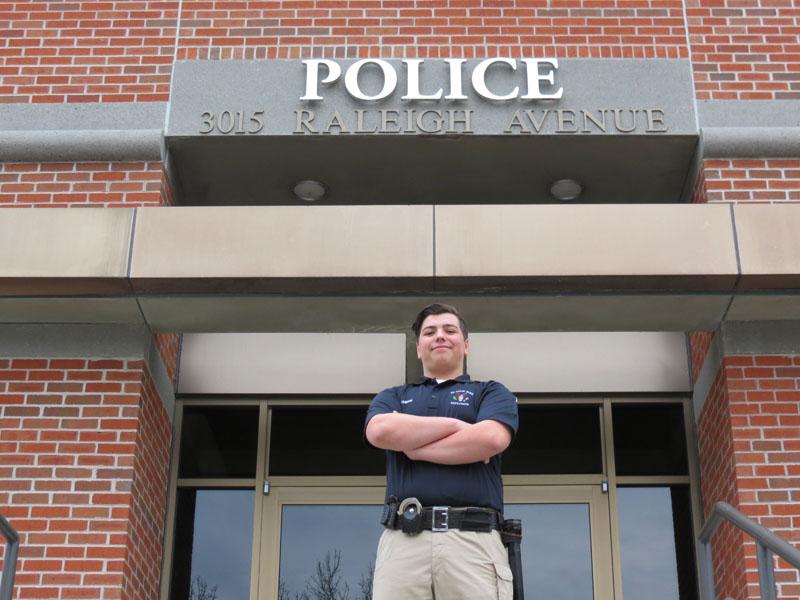 Senior Elias Dehn stands outside the St. Louis Park Police Station before their weekly Police Explorers meeting April  5. Dehn plans on pursuing his interest to become an officer after he graduates high school.