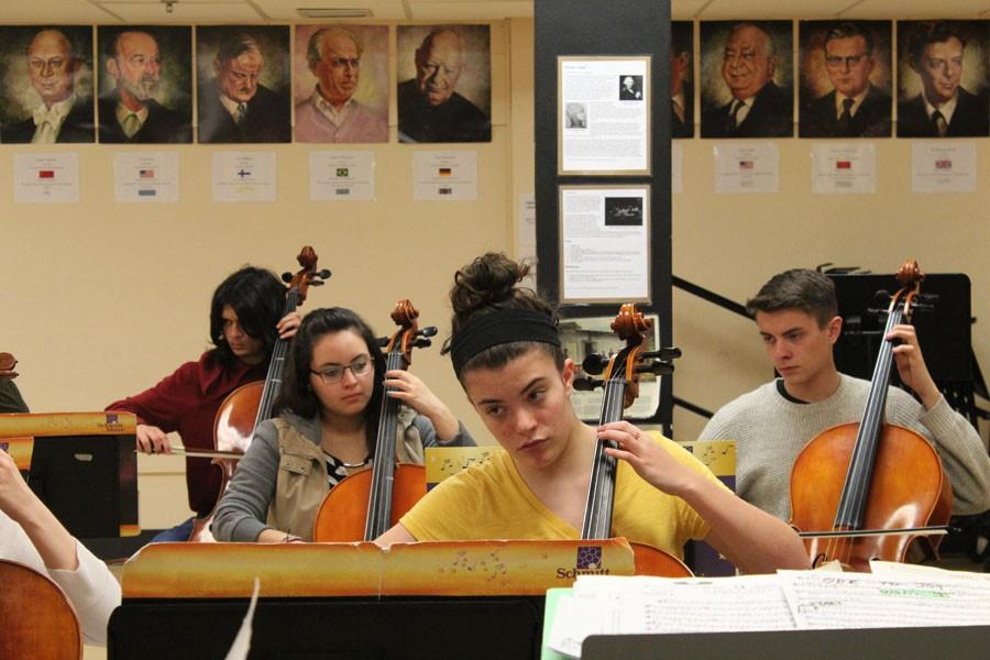 Freshman Claire Kaiserman plays her cello April 6. Orchestra students prepare for the solo ensemble competition, which takes place from 4-9 p.m. April 13 at various classroom around Park, where they will receive feedback from judges. 