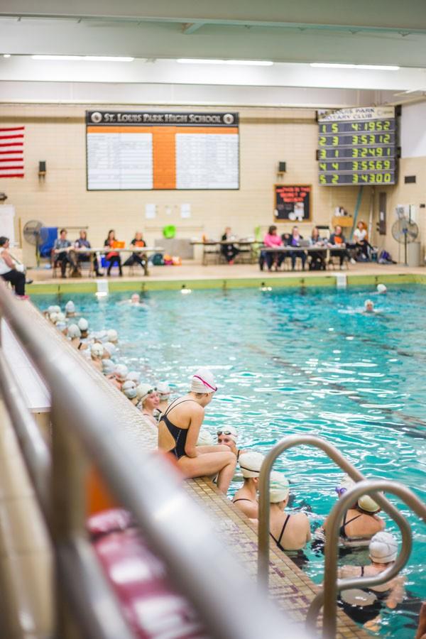 Swimmers wait in the pool for the meet to begin April 5 against Prior Lake. The next meet will be 4:30 p.m. April 22 at St. Louis Park High School against Bloomington Jefferson.