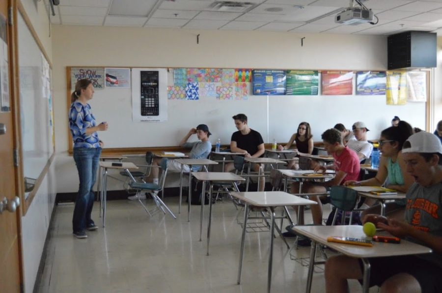 Precalculus teacher Amanda Forsberg reviews a unit with her sixth hour class May 24. Forsberg and precalculus teacher Elizabeth Huesing moved their classes finals to this week, instead of the scheduled finals days.