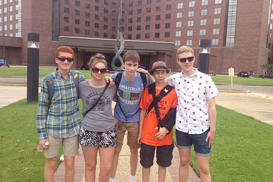 Seniors Jonah Kupritz and Maggie Coleman, junior Nick Kasic, freshman Aaron Kasic and junior Will Poulter outside the Hilton Anatole in Dallas where the National Quiz Bowl tournament took place May 27-29.