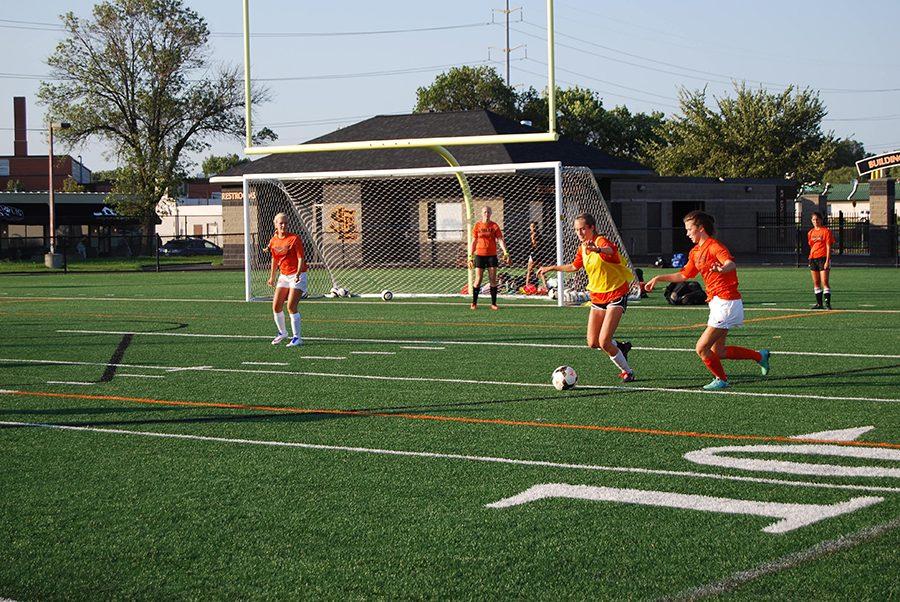 The girls soccer team scrimmages at practice Aug. 22 to prepare for its first game Aug. 25 at Robbinsdale Armstrong High School against the Armstrong Falcons.