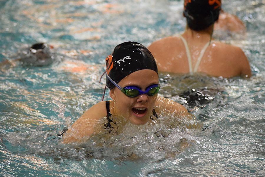 Eighth grader Leah Recknagel practing the breaststroke before her meet against Richfield on September 29.