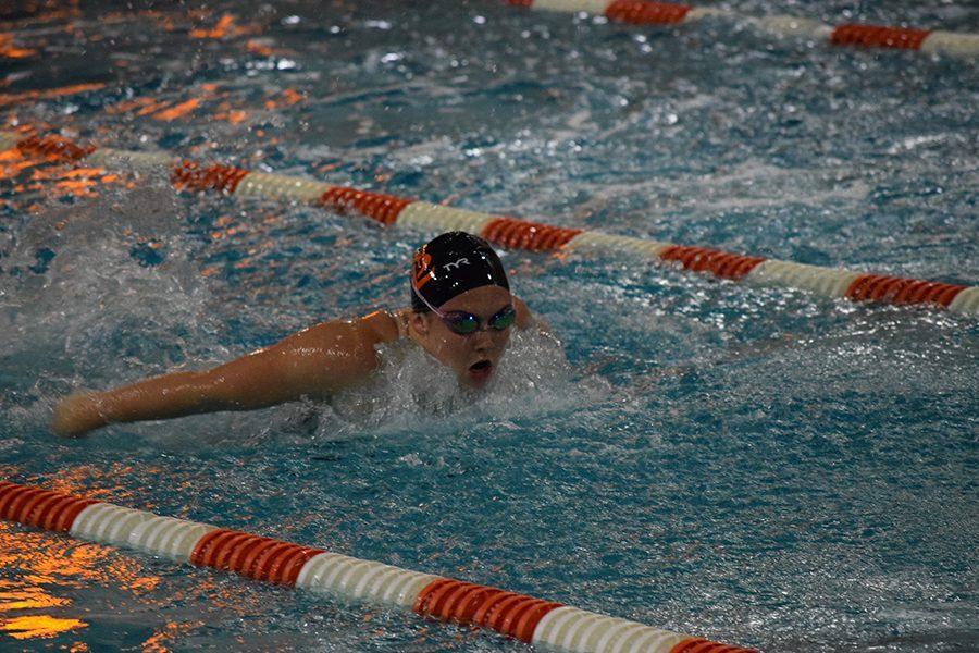 On September 29, Park won their meet against Richfield; Sophmore Mazie Lainsbury races the 100 yard butterfly event.
