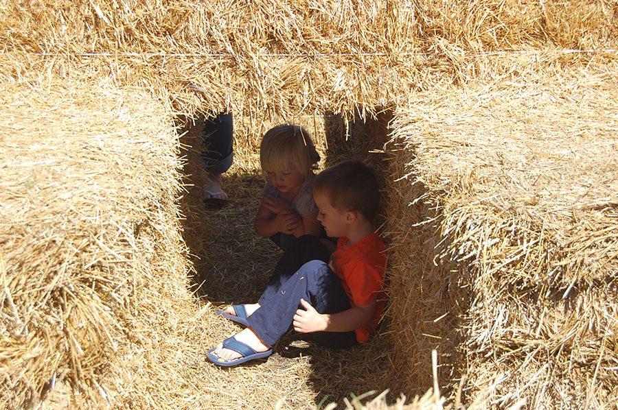 Two children play in the Straw Bale Maze at Severs Fall Festival. The maze is a smaller version of the full size corn maze intended for children. Besides the hay ride, the orchard also contains a hay mountain for children to play on.