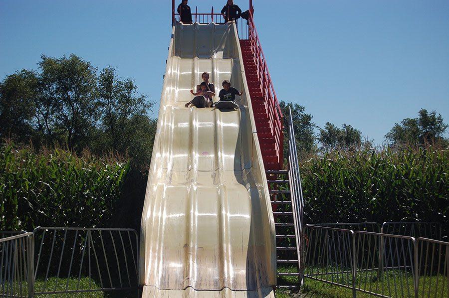Festival visitors slide down a giant slide. Each ride costs $1. Other kid friendly activities include a rock wall, playground, swing set and a wooden train. Kids also receive a free Apple Express Cart ride with paid admissions. 