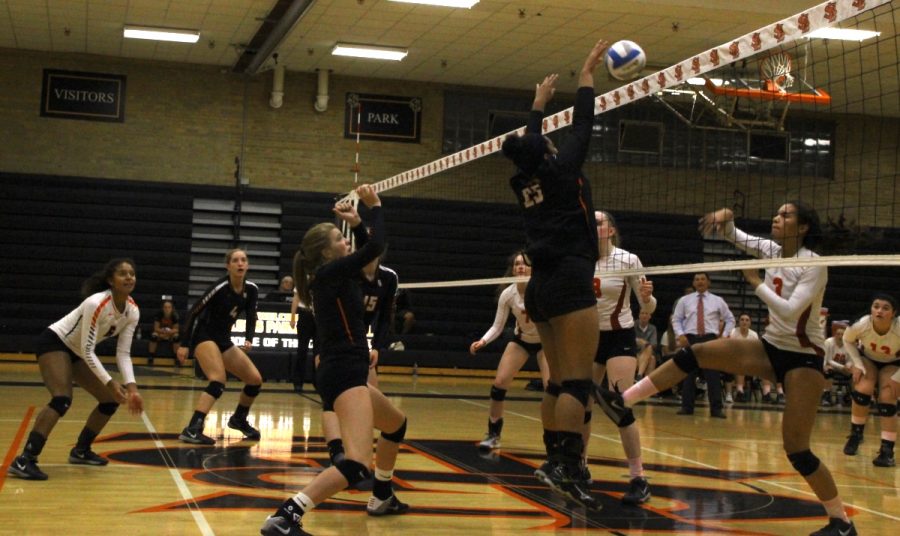 Senior Amaia Floreal blocks a hit from the Red Knights. The Orioles are now fifth in the Metro West Conference.