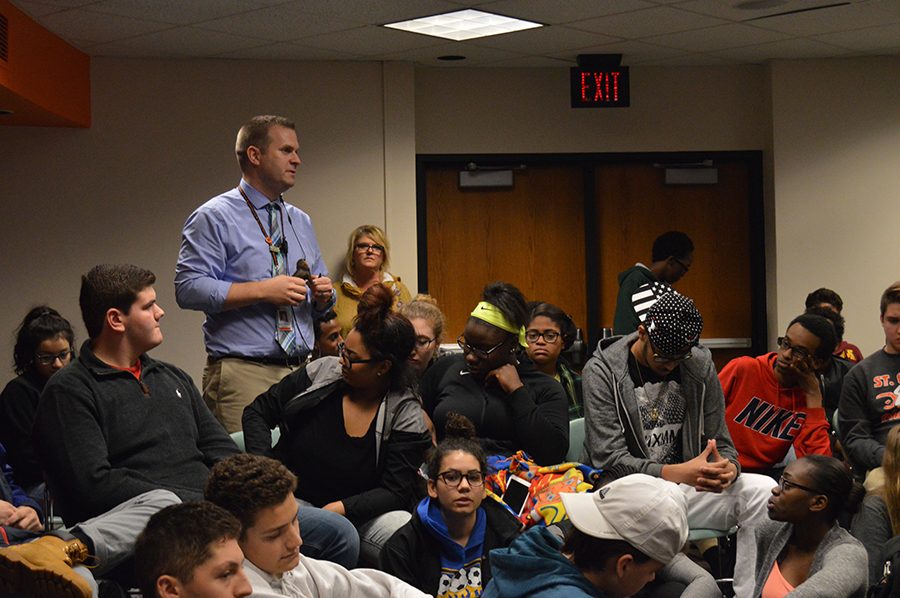Principal Scott Meyers adresses students during an open forum on race relations in C350 Nov. 15. During the forum many students, mostly those of color, expressed that they did not feel safe while at school.