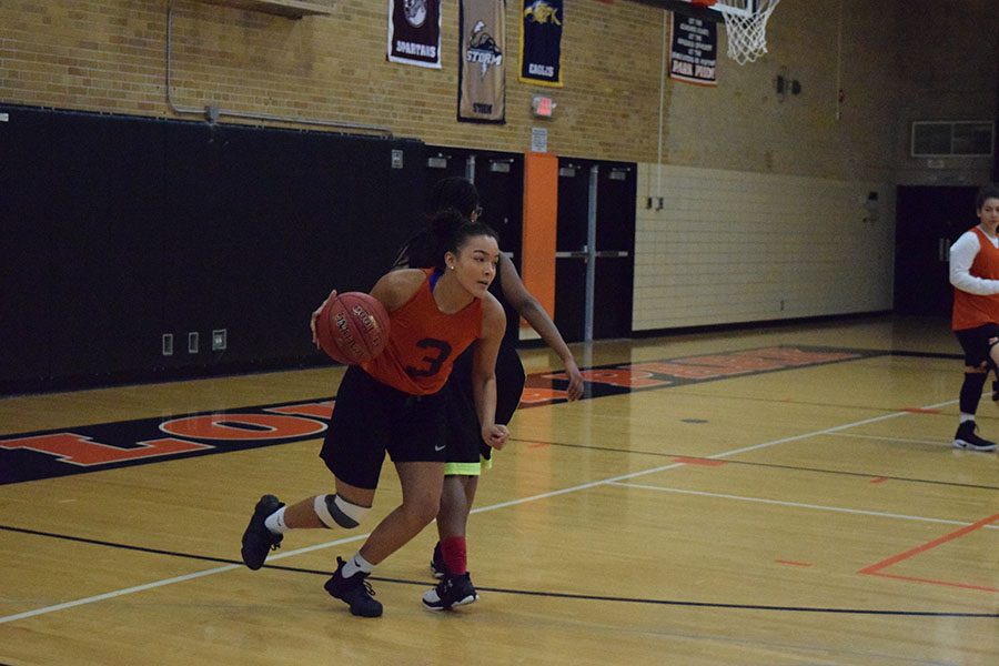 Junior Dylisi Sheffield rebounds the ball from the opposite team during practice Nov 30.