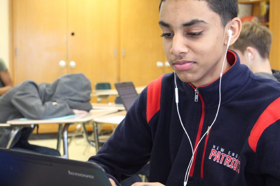 Sophomore Ryan Harnanan works on a computer researching information relating to his History Day project during his World History class Jan. 9. History Day takes place during the day Feb. 1 at Park. Minnesota state History Day occurs April 24.  
