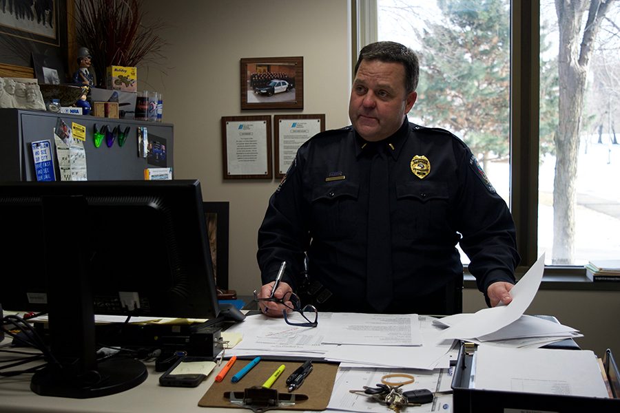On duty: Interim police chief Chad Kraayenbrink works in his office Jan. 5. Kraayenbrink will be in the interim police chief position until a new chief is chosen early February. 