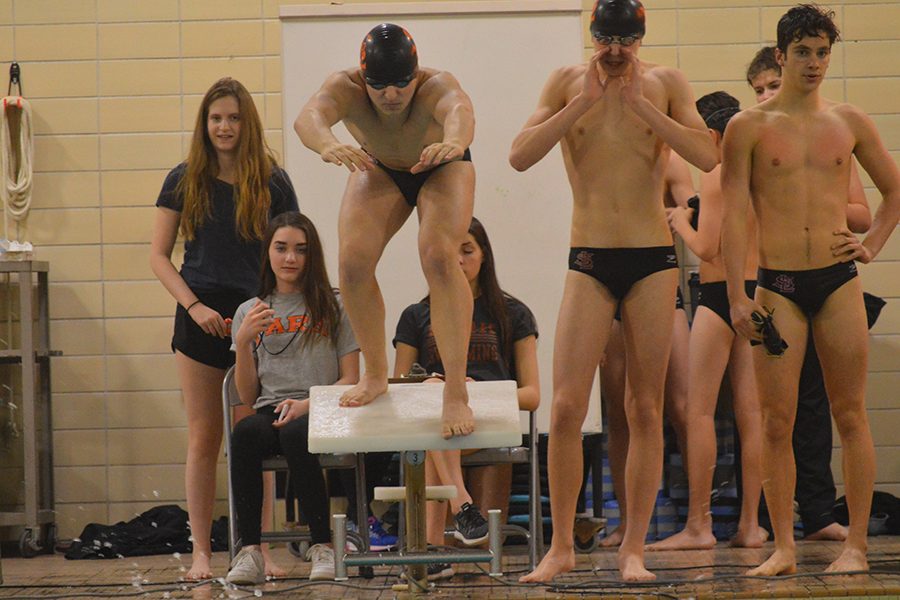 Senior captain Nate Stone gets ready to swim butterfly in the 200-yard medley relay. The teams next meet takes place at 1 p.m. Feb. 25 at Art Downey Aquatic Center. 