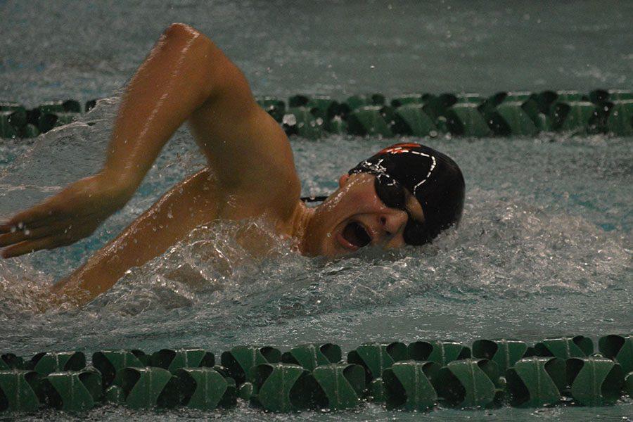 Senior captain Nate Stone swims the 200-yard freestyle. Stone paced third in the event and will swim at State. 