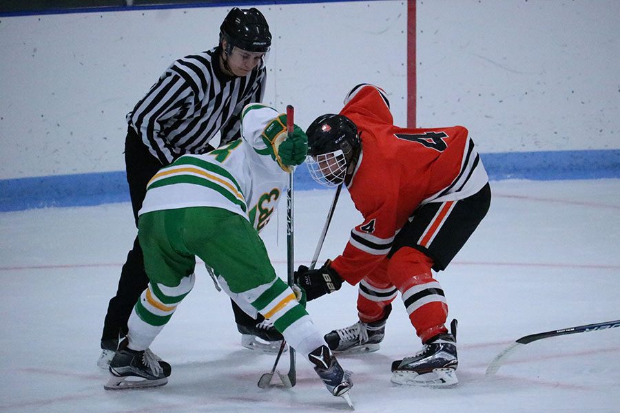 Junior Jonny Sorenson lines up for a faceoff. Sorenson scored the only goal in the loss to Edina on Saturday.