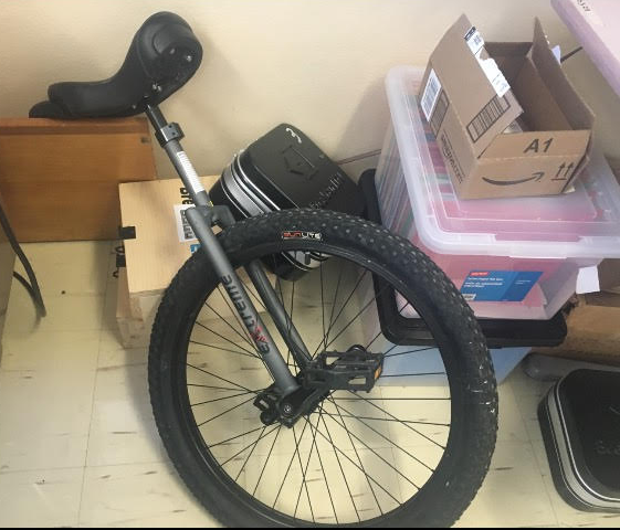 Math teacher Meredith Websters unicycle sits in her classroom Feb. 9. Webster is one a few teachers still learning to ride the unicycle. 
