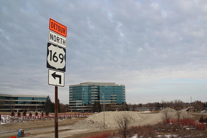 A sign directing drivers to a detour as a result of construction of Highway 169. Bus routes will not be affected by the construction. 
