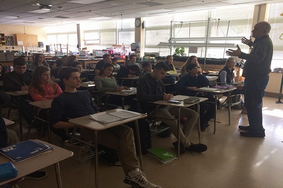 AP Environmental Science teacher Al Wachutka lectures his students in preparation for the unit test. Wachutka will be teaching the science departments newest elective, IB Environmental Sciences and Societies beginning next school year.
