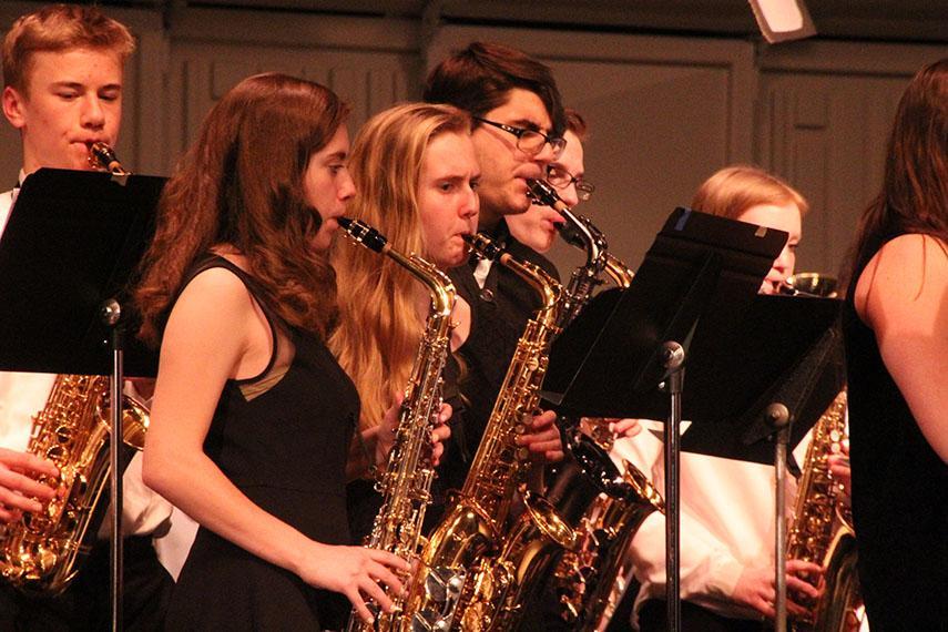 Saxophonists of the Symphonic Band, Wind Ensemble and Band 9 play Lets Dance by David Robert Jones for the finale. 