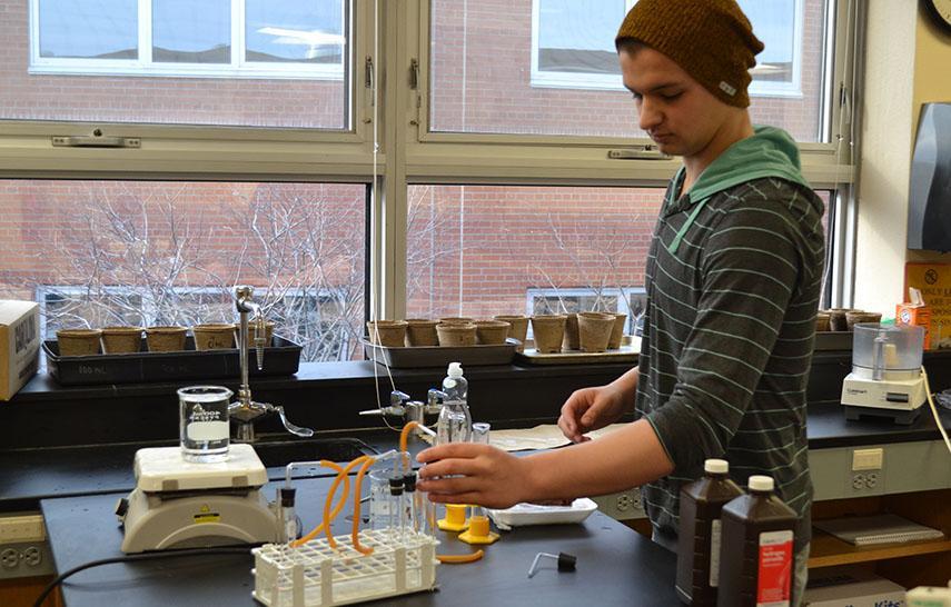 Senior Nate Stone experiments with liver for his IB Biology Internal Assessment. Students submitted their IAs March 7.