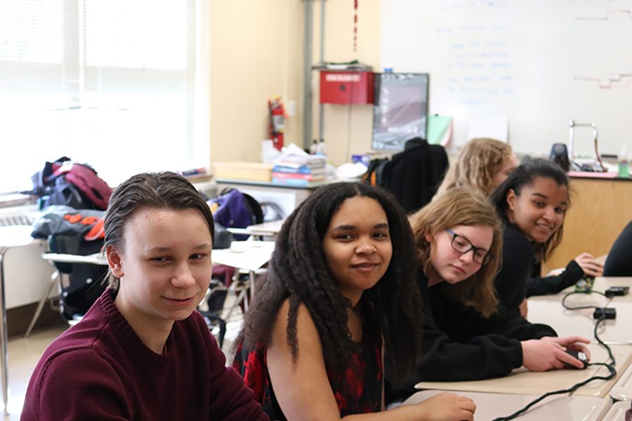 Sophomore Quiz Bowl members Aaron Kasic, Ayanna Nathan, Jenna Cook and Sidney Hosfield practice on Tuesday, March 14 for their upcoming tournament Saturday, March 18 at Burnsville High School.  