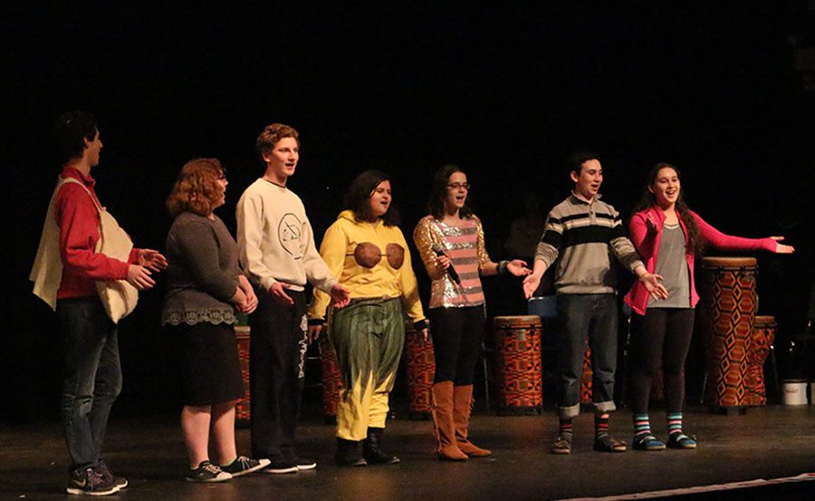 Jewish Student Union (JSU) members sing Od Yavo Shalom Aleinu during the Cultural Day show March 10. JSU also talked about the  Jewish holiday Purim. 