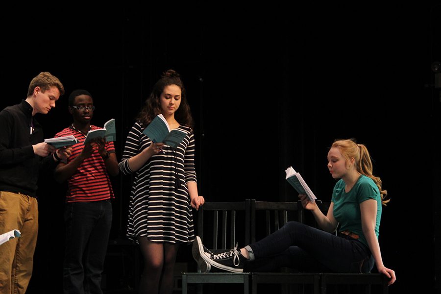 Junior Annabella Strathman and sophomore Greta Nackerud rehearse lines for the upcoming show Sense and Sensibility.