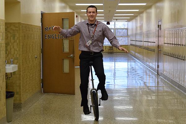 Math teacher Robert Otto is one of the five teachers still unicycling. Otto is able to make it from one end of the math hallway to the other, which was their original goal.