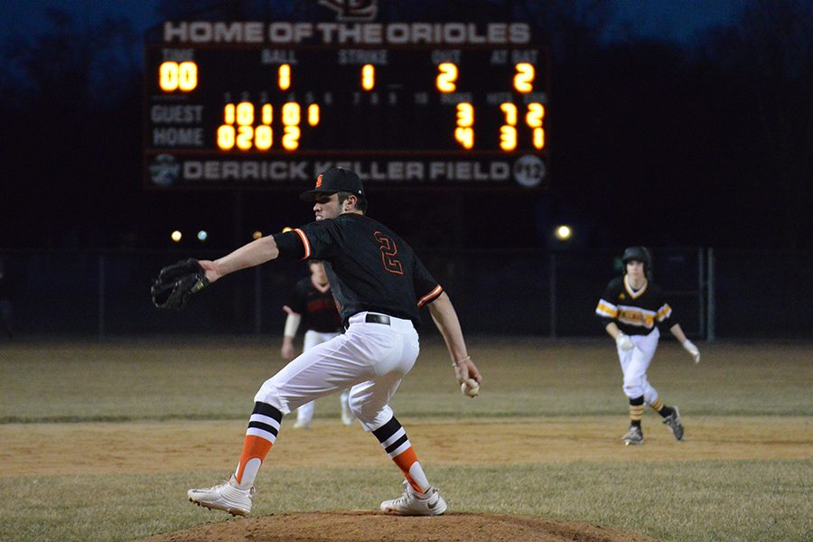 Senior Jack Elias pitches during Parks first game of the season. The Orioles lost 5-4 to DeLaSalle. Park looks forward to their game at U.S. Bank Stadium on April 18.